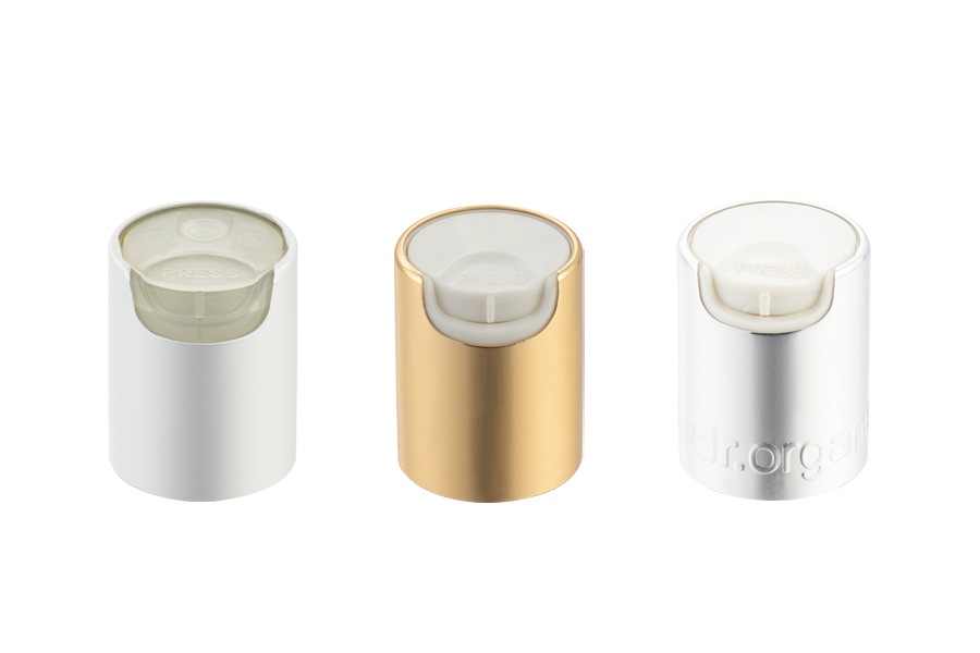 Aluminium-plastik 28/415 Disc Top Cap, tekan Tutup Top, tutup tekan disk untuk botol lotion